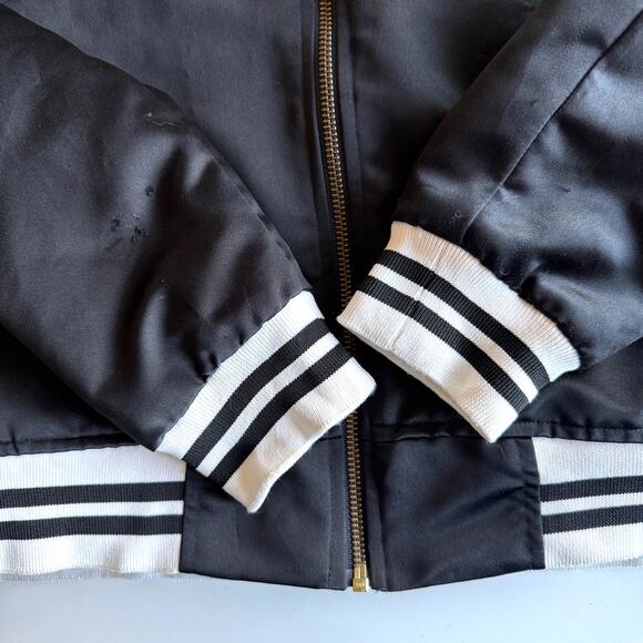 Big Bud Press Stem to Stem Embroidered Roses Poly Satin Black Bomber Jacket M - Picture 7 of 13